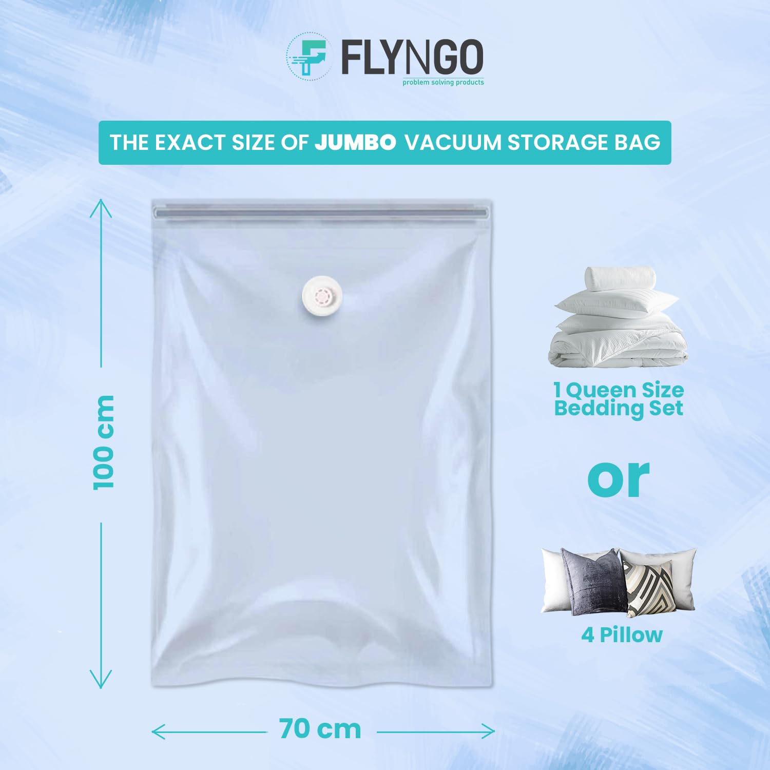 FLYNGO Reusable Ziplock Vacuum Storage Space Saver Bags for Clothes with Travel Hand Pump - Pack of 3 (Jumbo (70cmx100cm))